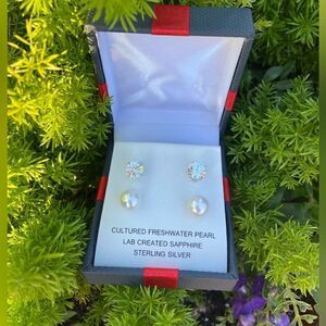Cultured Freshwater Pearl Lab and Sapphire Earrings in the Sterling Silver